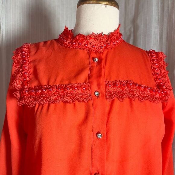 The Moon | Women’s | Blouse | L | Rich Coral Pearl Lace Button Down Top - Picture 2 of 5